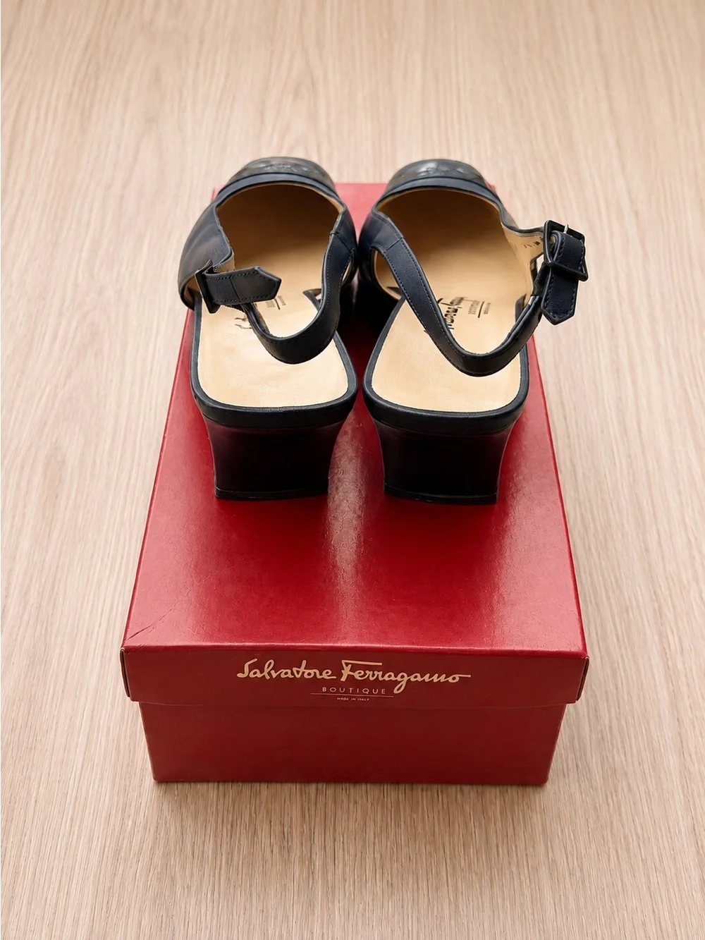 Salvatore Ferragamo Black Leather & Patent Slingback Pumps
